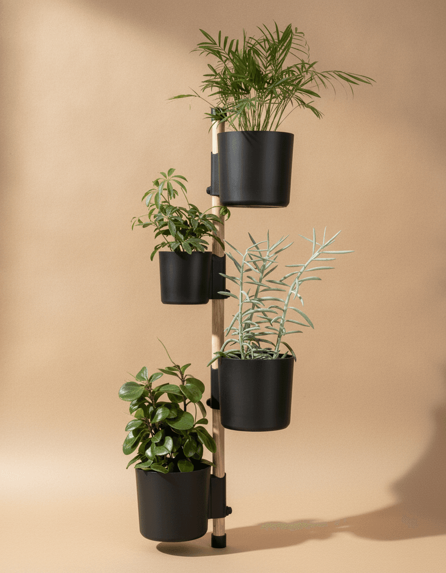 Kit Trilho Vertical montado com quatro plantas, sobre fundo neutro
